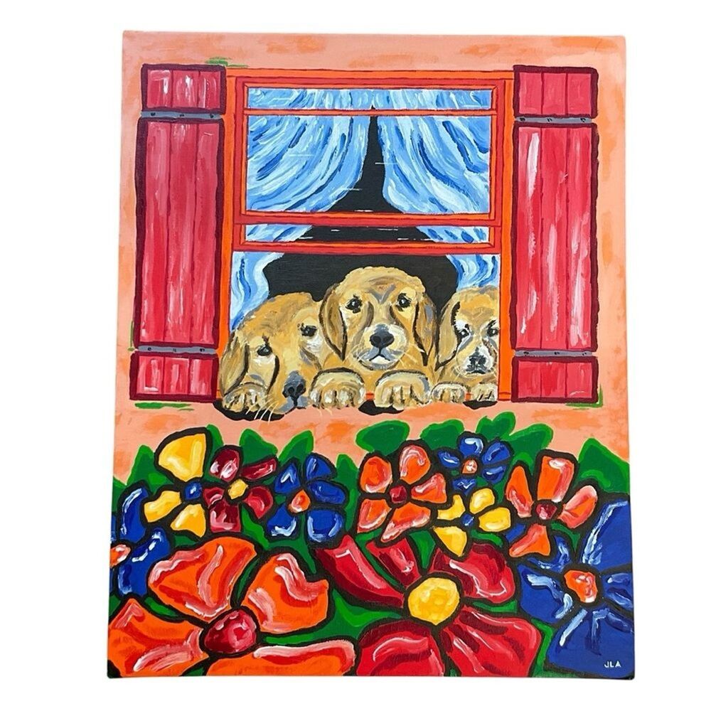 Original Acrylic Painting Dogs Flowers “IN THE DOG HOUSE” Canvas 16 x 20”